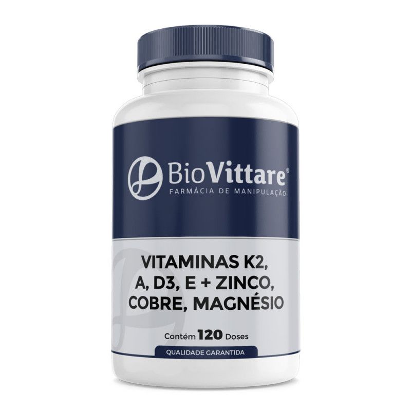 Vitaminas K2, A, D3, E + Zinco, Cobre e Magnésio 120 Doses