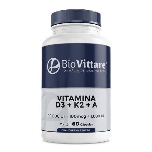 Vitamina D3 10.000 UI + K2 MK7 100mcg + Vitamina A 1.000 UI 60 Cápsulas | Trio de Ouro
